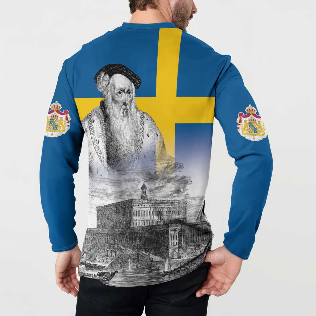 Sweden Sveriges Nationaldag Button Sweatshirt King Gustav Vasa with Stockholm Slott