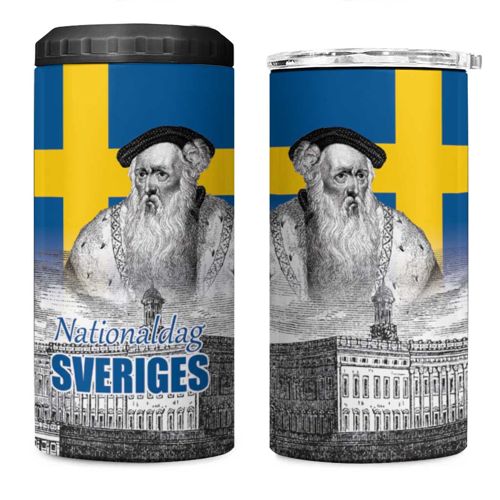 Sweden Sveriges Nationaldag 4 in 1 Can Cooler Tumbler King Gustav Vasa with Stockholm Slott