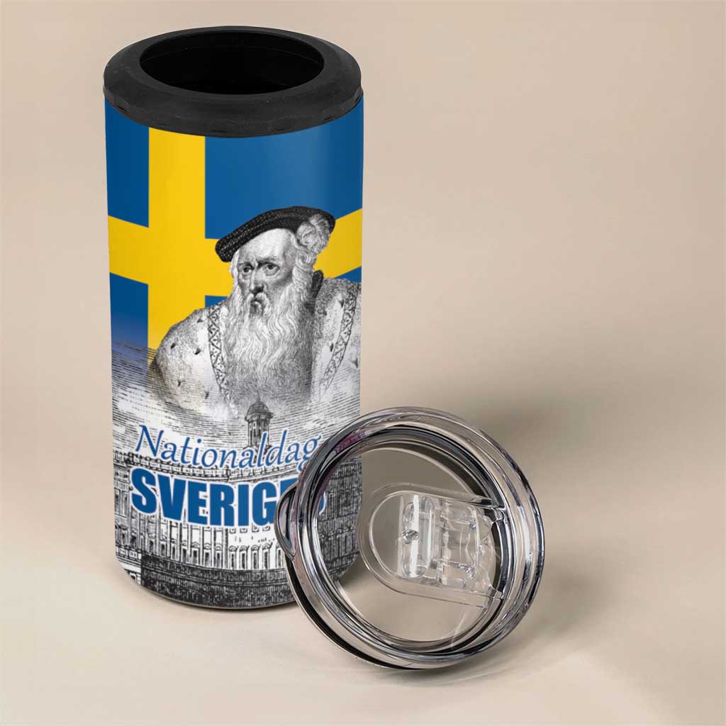 Sweden Sveriges Nationaldag 4 in 1 Can Cooler Tumbler King Gustav Vasa with Stockholm Slott