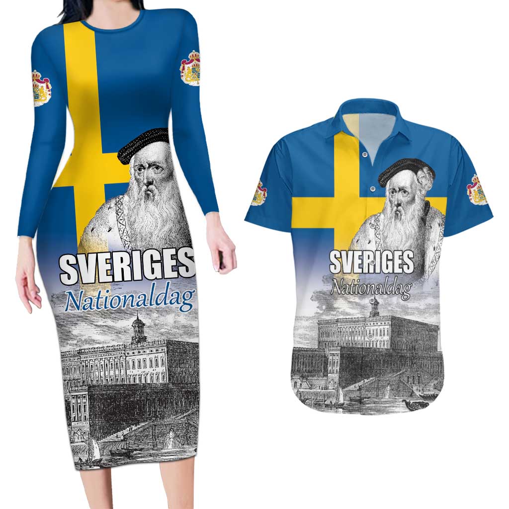Sweden Sveriges Nationaldag Couples Matching Long Sleeve Bodycon Dress and Hawaiian Shirt King Gustav Vasa with Stockholm Slott