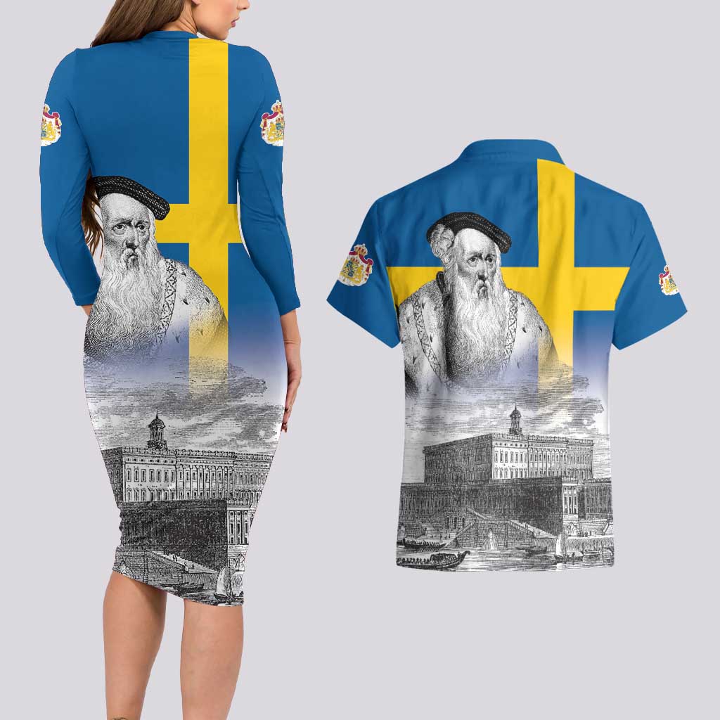 Sweden Sveriges Nationaldag Couples Matching Long Sleeve Bodycon Dress and Hawaiian Shirt King Gustav Vasa with Stockholm Slott