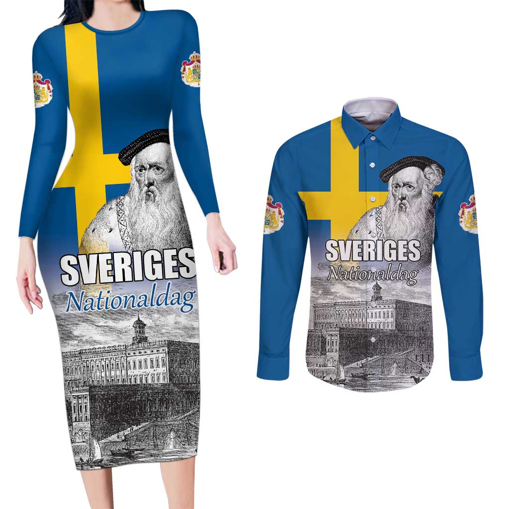 Sweden Sveriges Nationaldag Couples Matching Long Sleeve Bodycon Dress and Long Sleeve Button Shirt King Gustav Vasa with Stockholm Slott