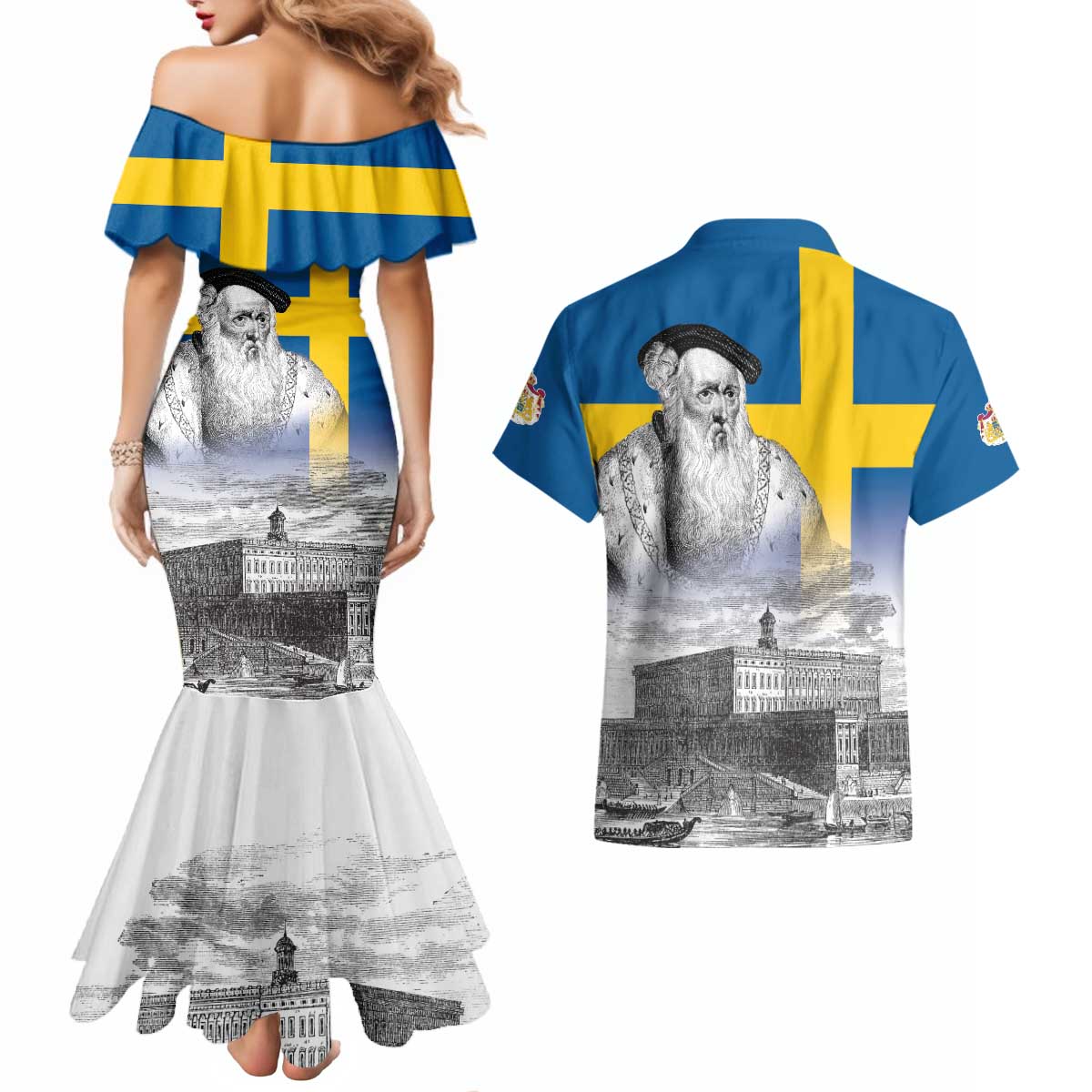 Sweden Sveriges Nationaldag Couples Matching Mermaid Dress and Hawaiian Shirt King Gustav Vasa with Stockholm Slott