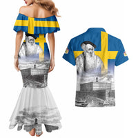 Sweden Sveriges Nationaldag Couples Matching Mermaid Dress and Hawaiian Shirt King Gustav Vasa with Stockholm Slott