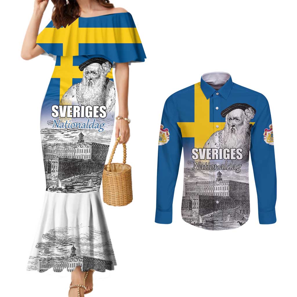 Sweden Sveriges Nationaldag Couples Matching Mermaid Dress and Long Sleeve Button Shirt King Gustav Vasa with Stockholm Slott