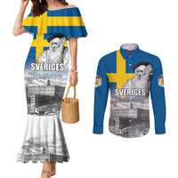 Sweden Sveriges Nationaldag Couples Matching Mermaid Dress and Long Sleeve Button Shirt King Gustav Vasa with Stockholm Slott
