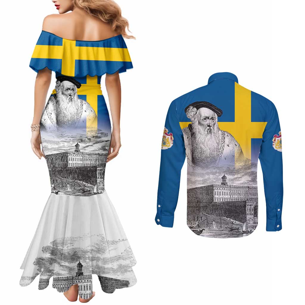 Sweden Sveriges Nationaldag Couples Matching Mermaid Dress and Long Sleeve Button Shirt King Gustav Vasa with Stockholm Slott