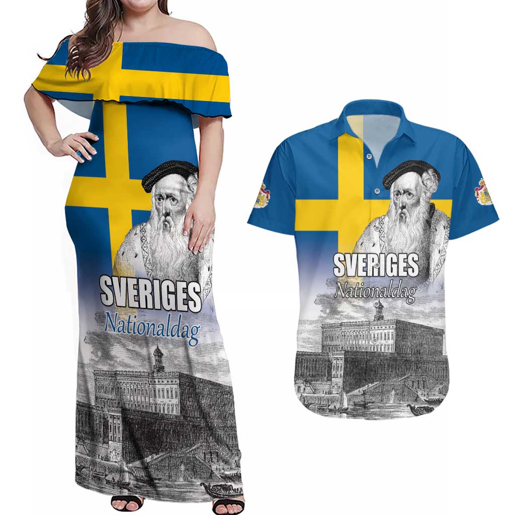 Sweden Sveriges Nationaldag Couples Matching Off Shoulder Maxi Dress and Hawaiian Shirt King Gustav Vasa with Stockholm Slott