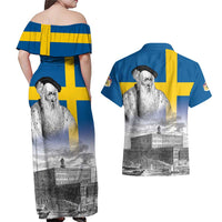 Sweden Sveriges Nationaldag Couples Matching Off Shoulder Maxi Dress and Hawaiian Shirt King Gustav Vasa with Stockholm Slott