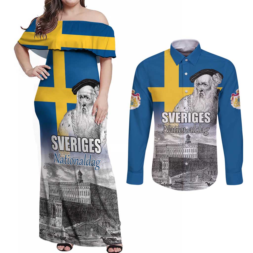 Sweden Sveriges Nationaldag Couples Matching Off Shoulder Maxi Dress and Long Sleeve Button Shirt King Gustav Vasa with Stockholm Slott