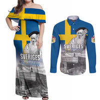 Sweden Sveriges Nationaldag Couples Matching Off Shoulder Maxi Dress and Long Sleeve Button Shirt King Gustav Vasa with Stockholm Slott