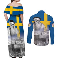Sweden Sveriges Nationaldag Couples Matching Off Shoulder Maxi Dress and Long Sleeve Button Shirt King Gustav Vasa with Stockholm Slott
