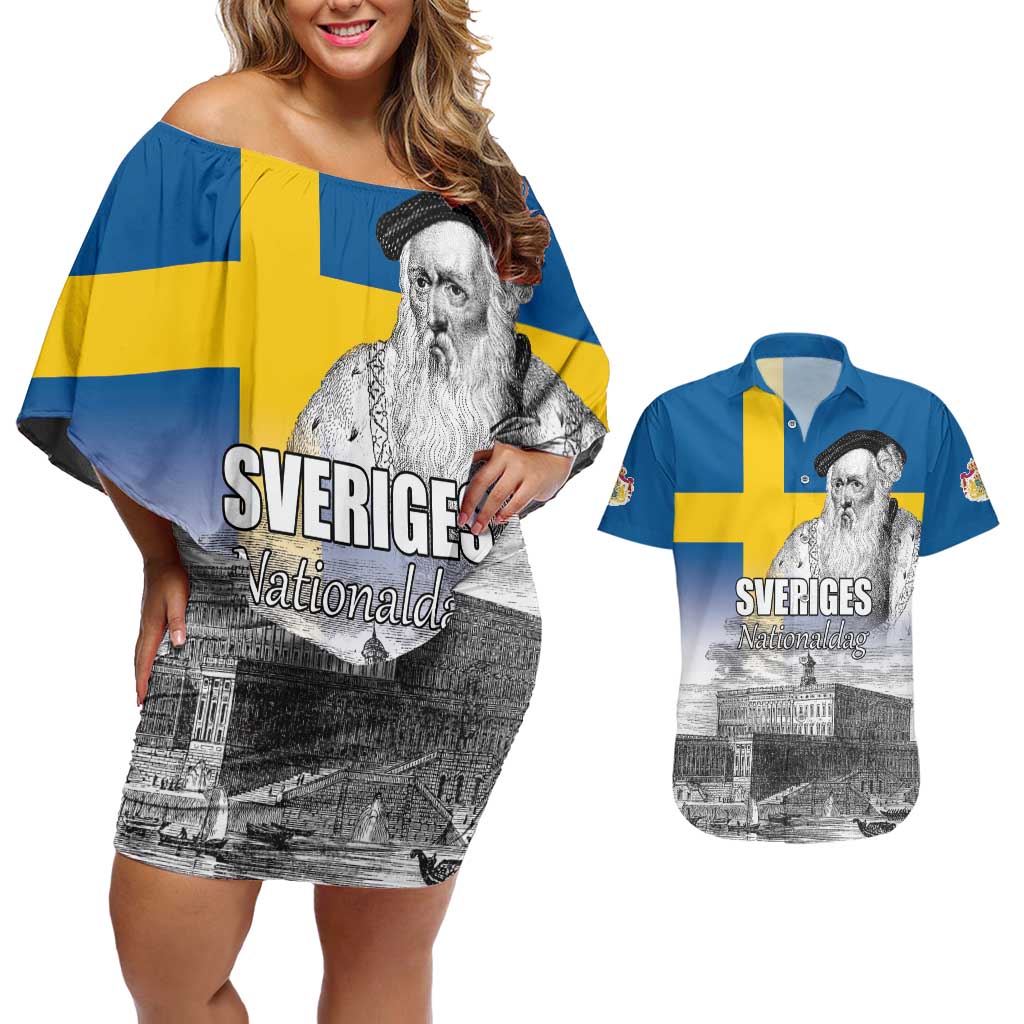 Sweden Sveriges Nationaldag Couples Matching Off Shoulder Short Dress and Hawaiian Shirt King Gustav Vasa with Stockholm Slott