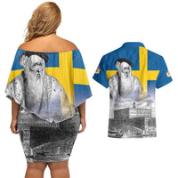 Sweden Sveriges Nationaldag Couples Matching Off Shoulder Short Dress and Hawaiian Shirt King Gustav Vasa with Stockholm Slott