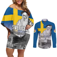 Sweden Sveriges Nationaldag Couples Matching Off Shoulder Short Dress and Long Sleeve Button Shirt King Gustav Vasa with Stockholm Slott