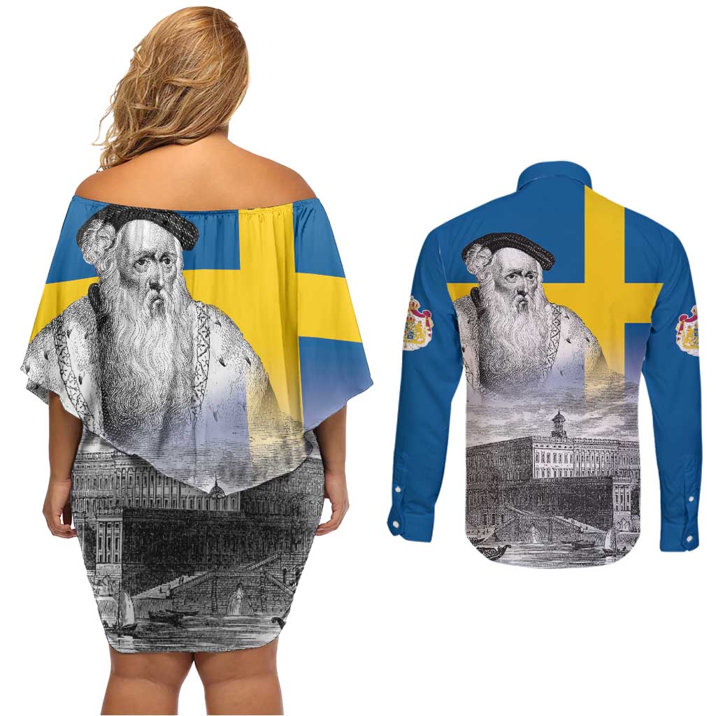 Sweden Sveriges Nationaldag Couples Matching Off Shoulder Short Dress and Long Sleeve Button Shirt King Gustav Vasa with Stockholm Slott