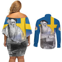 Sweden Sveriges Nationaldag Couples Matching Off Shoulder Short Dress and Long Sleeve Button Shirt King Gustav Vasa with Stockholm Slott