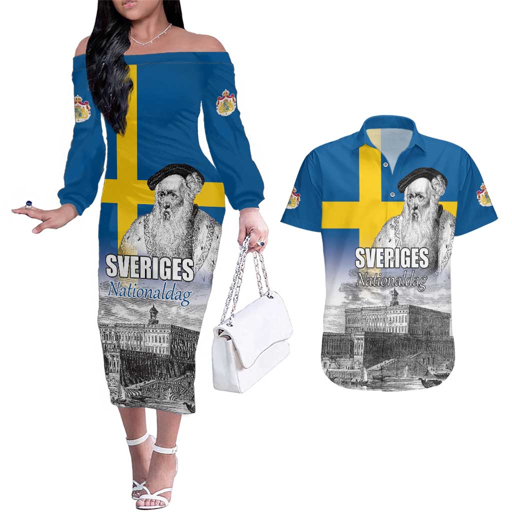 Sweden Sveriges Nationaldag Couples Matching Off The Shoulder Long Sleeve Dress and Hawaiian Shirt King Gustav Vasa with Stockholm Slott