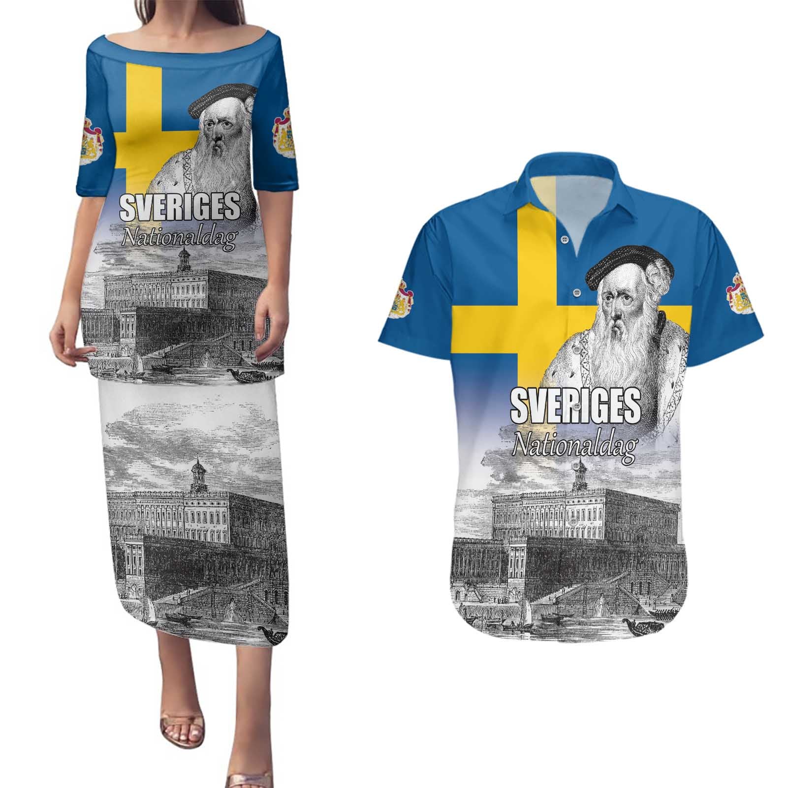 Sweden Sveriges Nationaldag Couples Matching Puletasi and Hawaiian Shirt King Gustav Vasa with Stockholm Slott