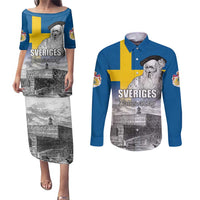 Sweden Sveriges Nationaldag Couples Matching Puletasi and Long Sleeve Button Shirt King Gustav Vasa with Stockholm Slott