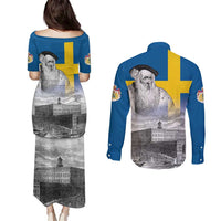 Sweden Sveriges Nationaldag Couples Matching Puletasi and Long Sleeve Button Shirt King Gustav Vasa with Stockholm Slott