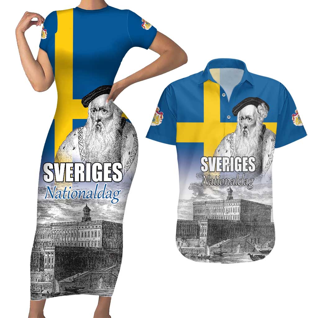 Sweden Sveriges Nationaldag Couples Matching Short Sleeve Bodycon Dress and Hawaiian Shirt King Gustav Vasa with Stockholm Slott