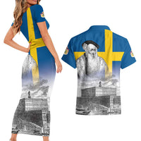 Sweden Sveriges Nationaldag Couples Matching Short Sleeve Bodycon Dress and Hawaiian Shirt King Gustav Vasa with Stockholm Slott
