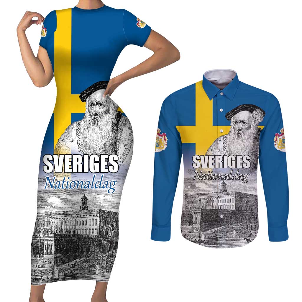 Sweden Sveriges Nationaldag Couples Matching Short Sleeve Bodycon Dress and Long Sleeve Button Shirt King Gustav Vasa with Stockholm Slott