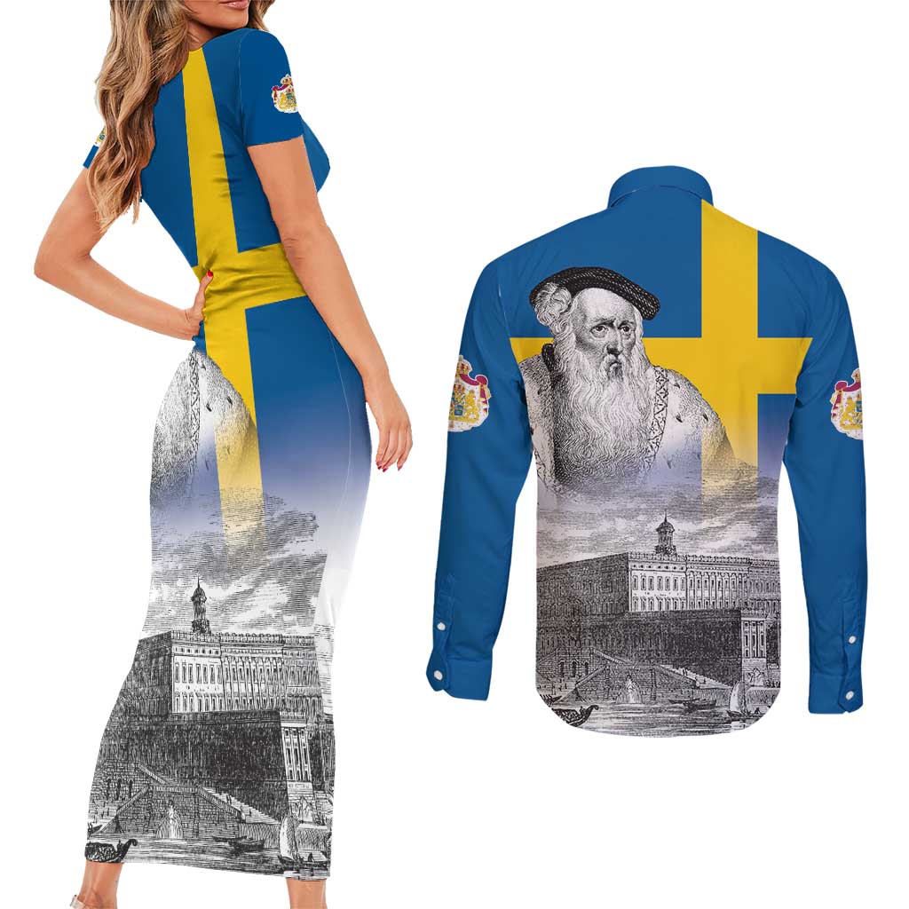 Sweden Sveriges Nationaldag Couples Matching Short Sleeve Bodycon Dress and Long Sleeve Button Shirt King Gustav Vasa with Stockholm Slott