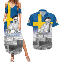Sweden Sveriges Nationaldag Couples Matching Summer Maxi Dress and Hawaiian Shirt King Gustav Vasa with Stockholm Slott