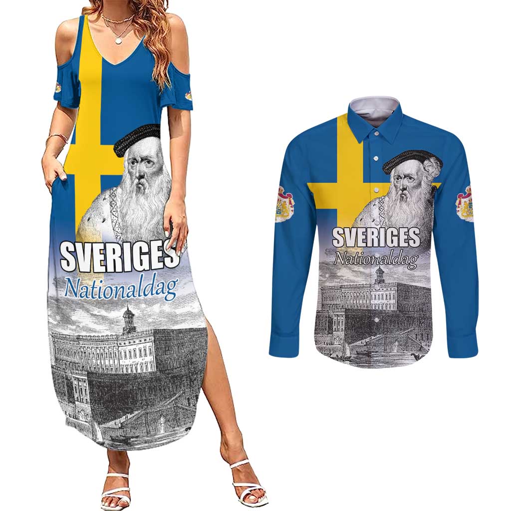 Sweden Sveriges Nationaldag Couples Matching Summer Maxi Dress and Long Sleeve Button Shirt King Gustav Vasa with Stockholm Slott