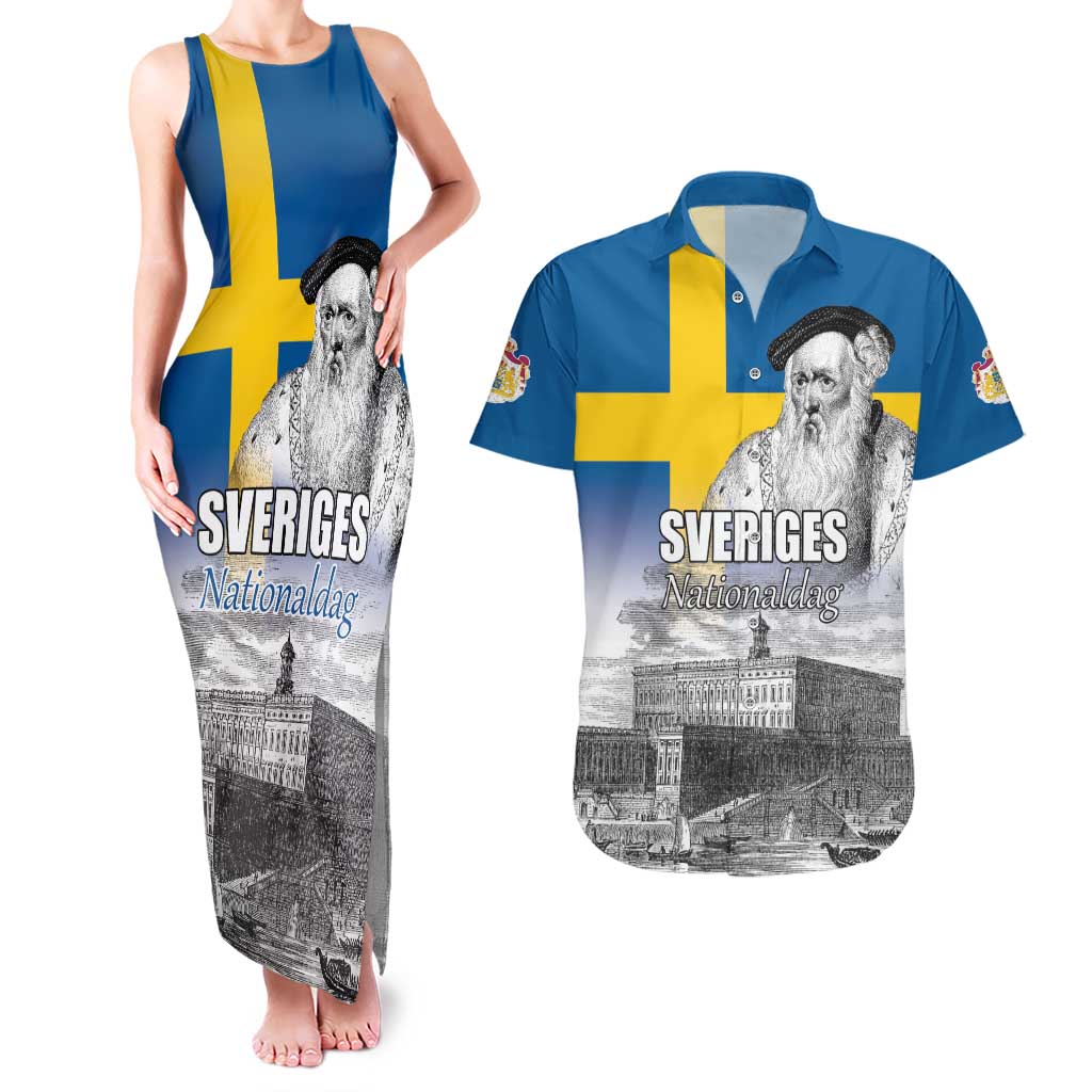 Sweden Sveriges Nationaldag Couples Matching Tank Maxi Dress and Hawaiian Shirt King Gustav Vasa with Stockholm Slott