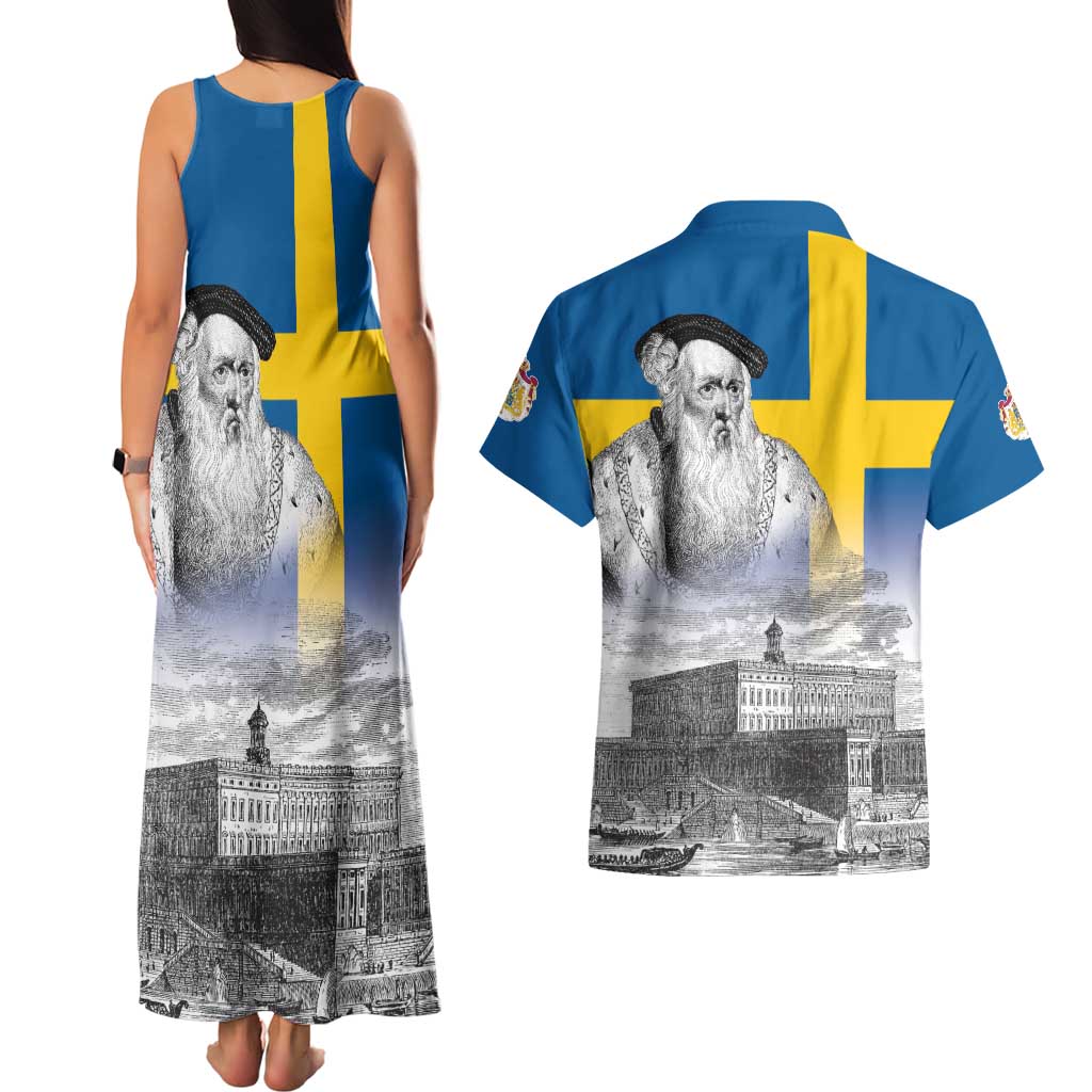 Sweden Sveriges Nationaldag Couples Matching Tank Maxi Dress and Hawaiian Shirt King Gustav Vasa with Stockholm Slott