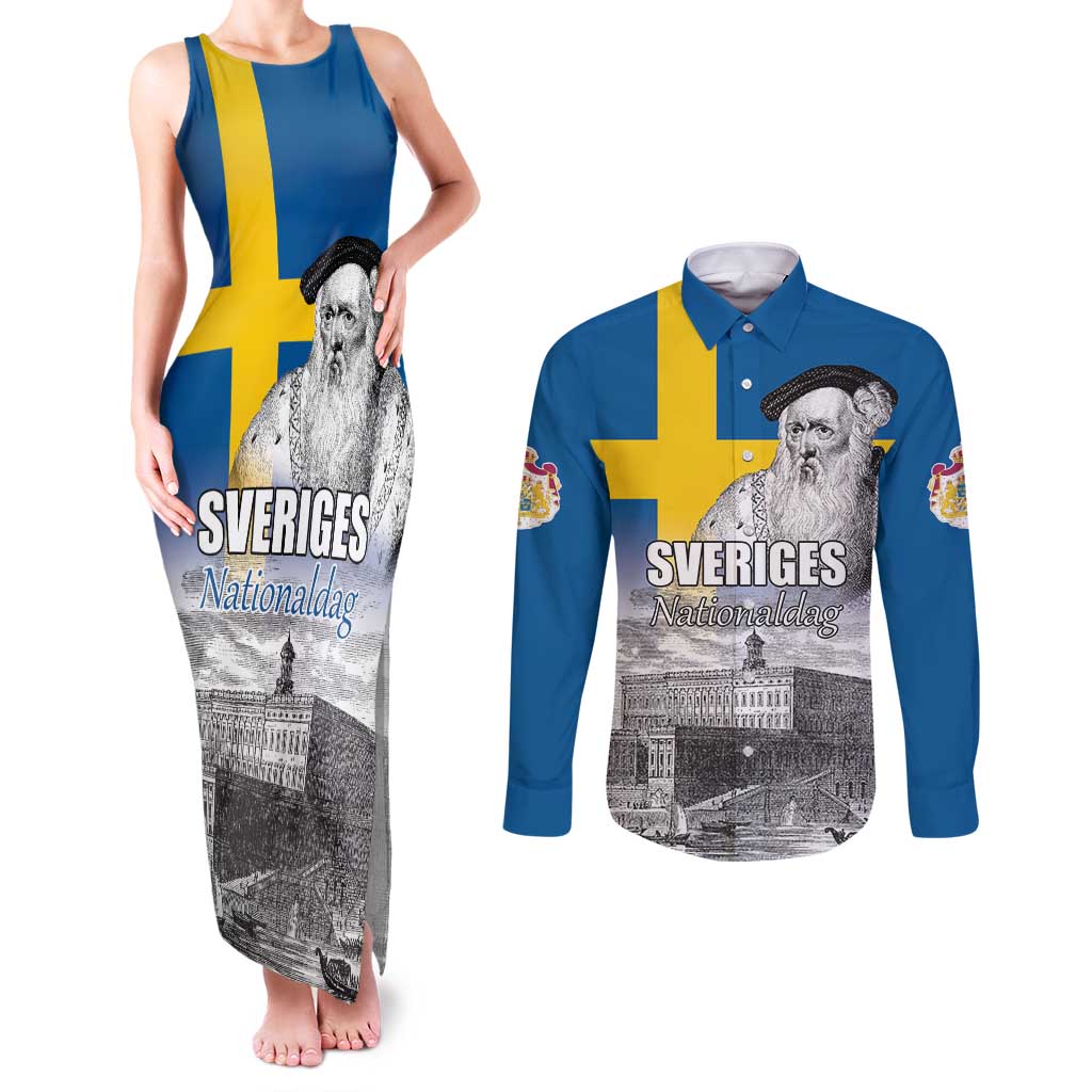 Sweden Sveriges Nationaldag Couples Matching Tank Maxi Dress and Long Sleeve Button Shirt King Gustav Vasa with Stockholm Slott