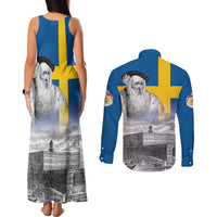 Sweden Sveriges Nationaldag Couples Matching Tank Maxi Dress and Long Sleeve Button Shirt King Gustav Vasa with Stockholm Slott