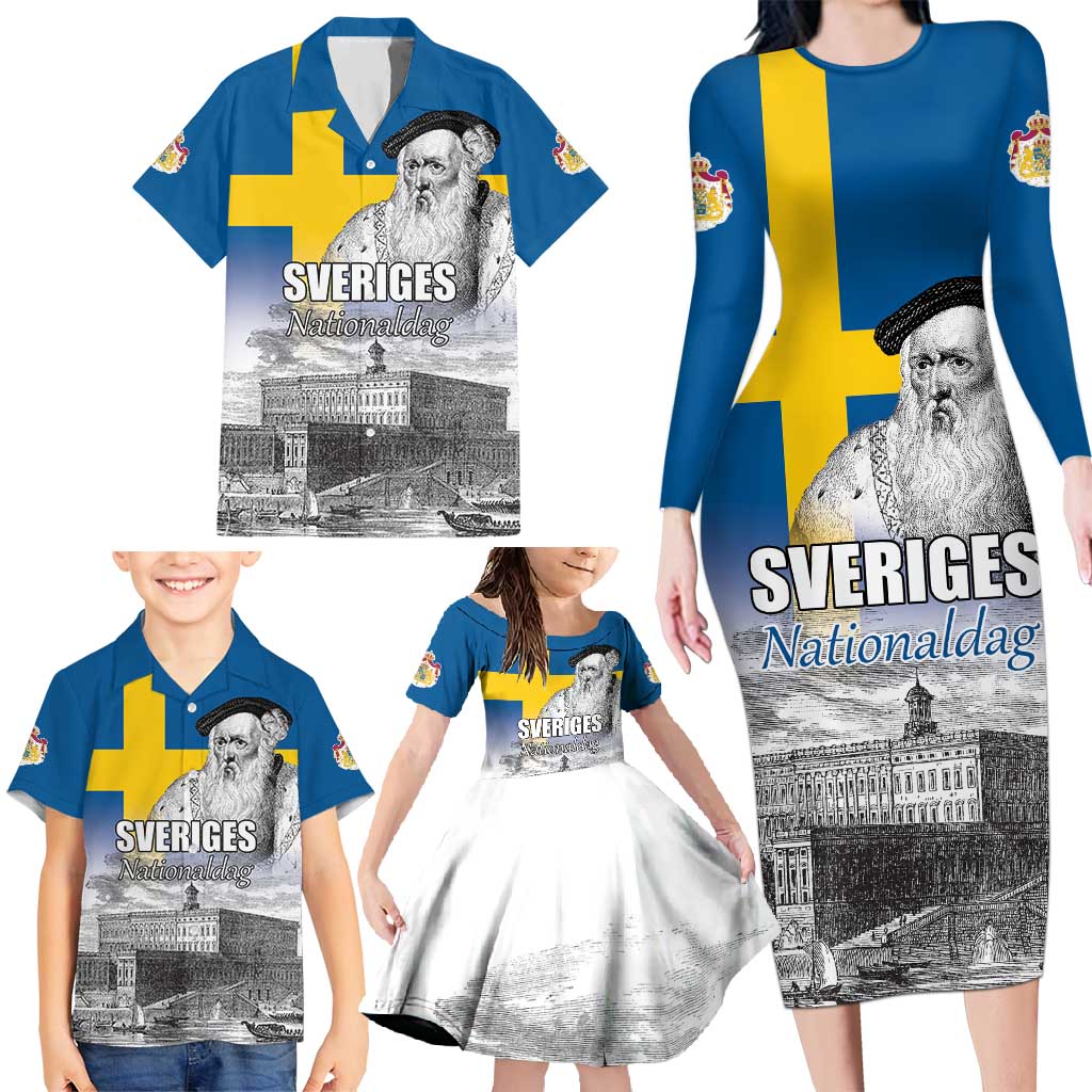 Sweden Sveriges Nationaldag Family Matching Long Sleeve Bodycon Dress and Hawaiian Shirt King Gustav Vasa with Stockholm Slott