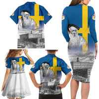 Sweden Sveriges Nationaldag Family Matching Long Sleeve Bodycon Dress and Hawaiian Shirt King Gustav Vasa with Stockholm Slott