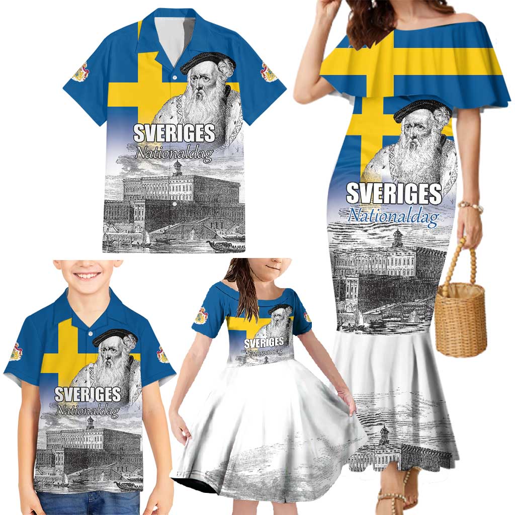 Sweden Sveriges Nationaldag Family Matching Mermaid Dress and Hawaiian Shirt King Gustav Vasa with Stockholm Slott