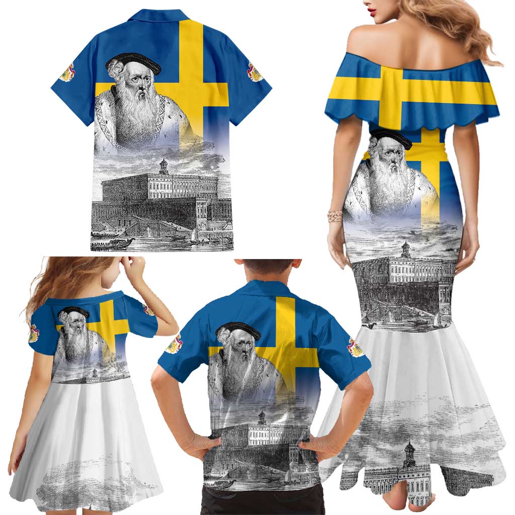 Sweden Sveriges Nationaldag Family Matching Mermaid Dress and Hawaiian Shirt King Gustav Vasa with Stockholm Slott
