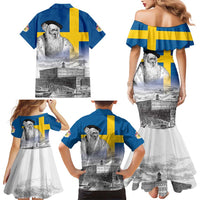 Sweden Sveriges Nationaldag Family Matching Mermaid Dress and Hawaiian Shirt King Gustav Vasa with Stockholm Slott