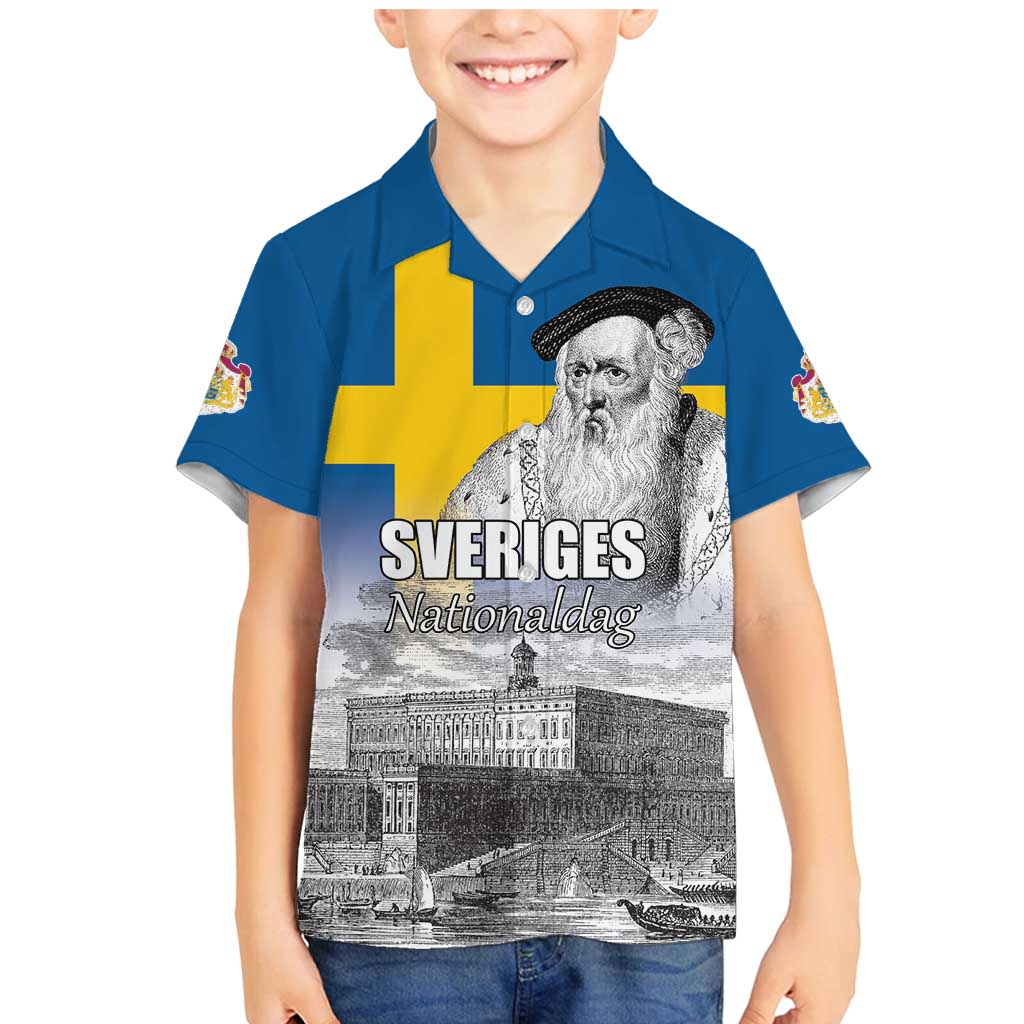 Sweden Sveriges Nationaldag Family Matching Mermaid Dress and Hawaiian Shirt King Gustav Vasa with Stockholm Slott