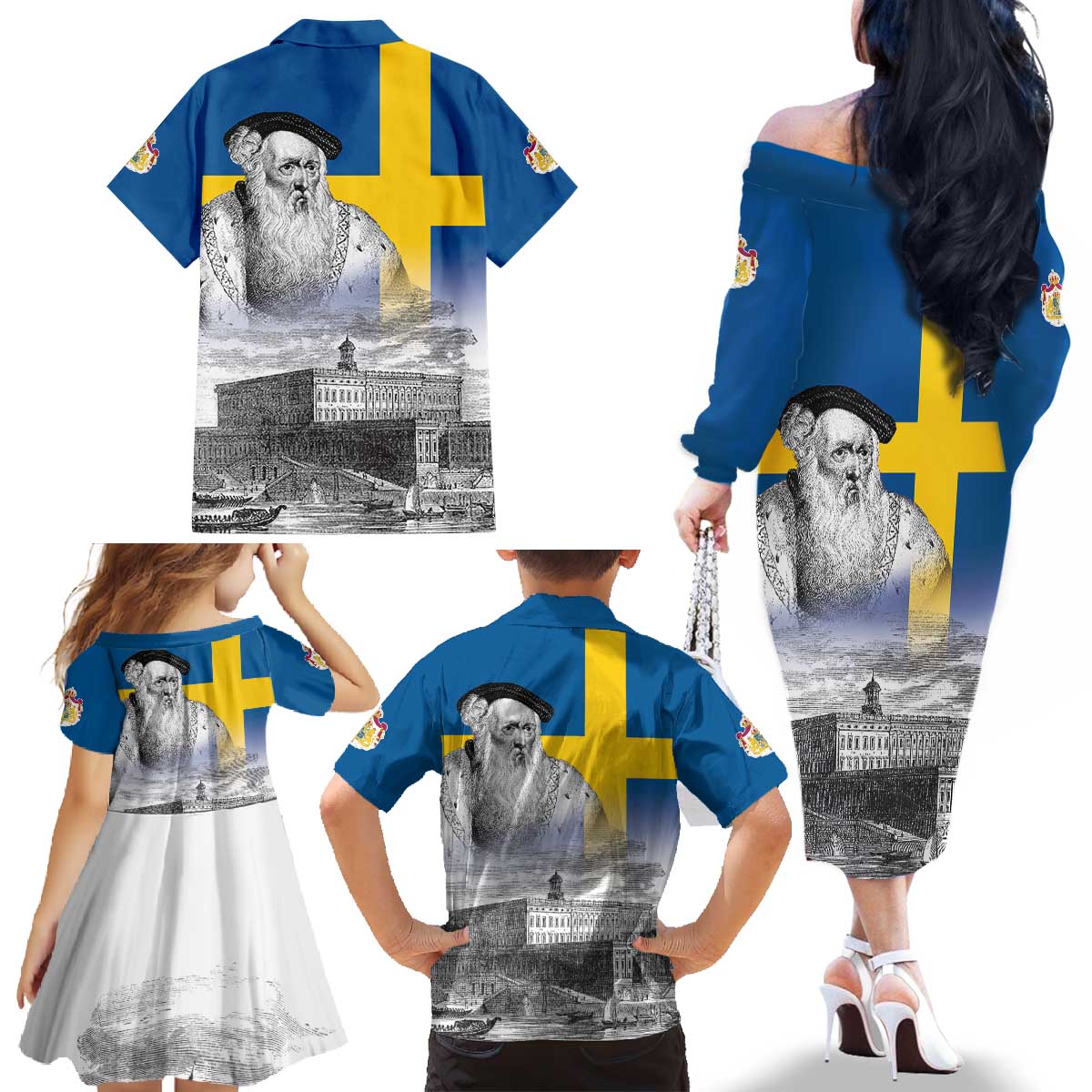 Sweden Sveriges Nationaldag Family Matching Off The Shoulder Long Sleeve Dress and Hawaiian Shirt King Gustav Vasa with Stockholm Slott