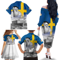 Sweden Sveriges Nationaldag Family Matching Off The Shoulder Long Sleeve Dress and Hawaiian Shirt King Gustav Vasa with Stockholm Slott