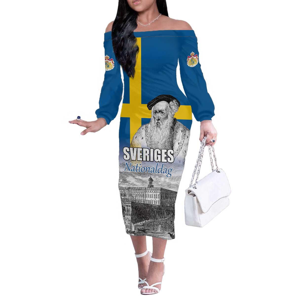 Sweden Sveriges Nationaldag Family Matching Off The Shoulder Long Sleeve Dress and Hawaiian Shirt King Gustav Vasa with Stockholm Slott