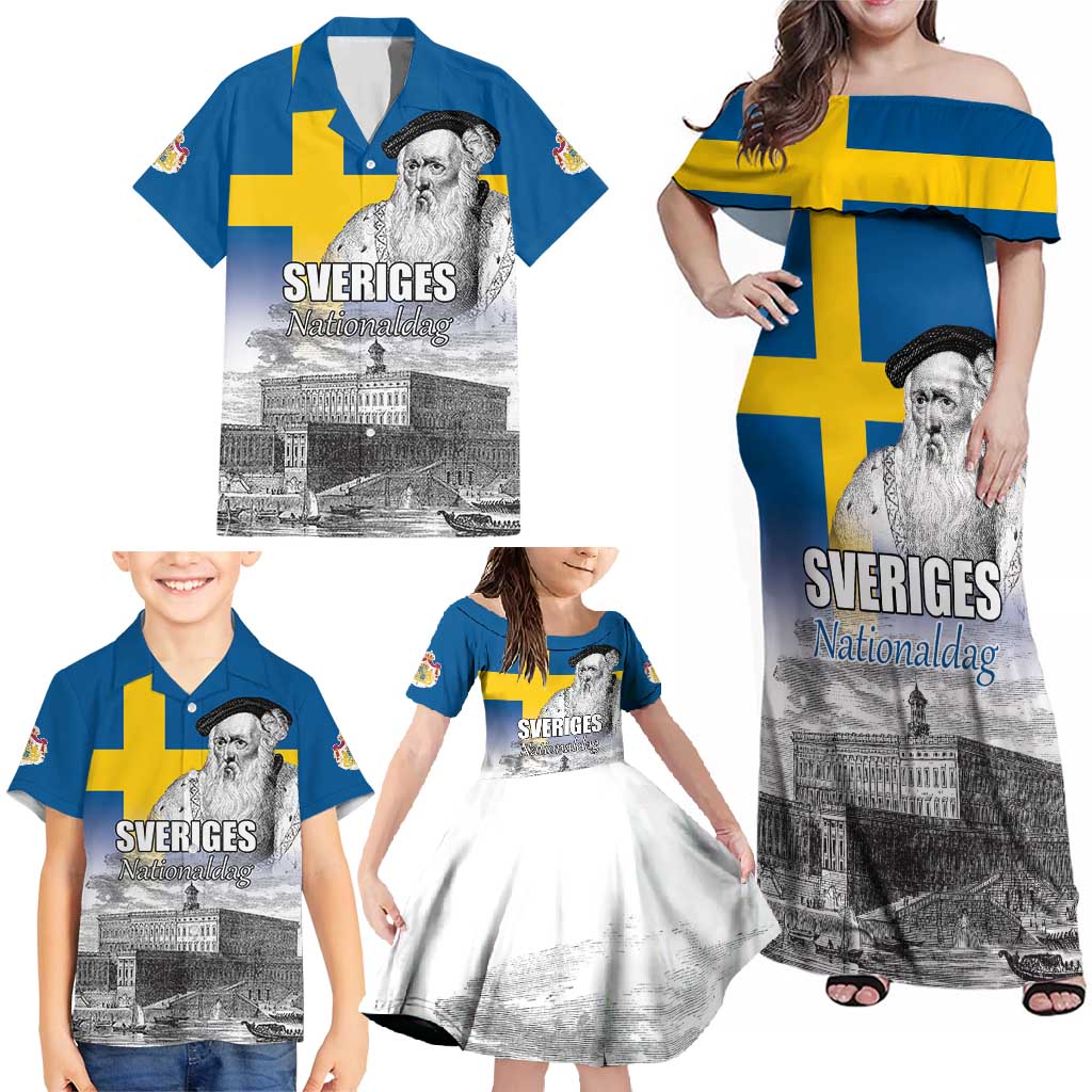 Sweden Sveriges Nationaldag Family Matching Off Shoulder Maxi Dress and Hawaiian Shirt King Gustav Vasa with Stockholm Slott