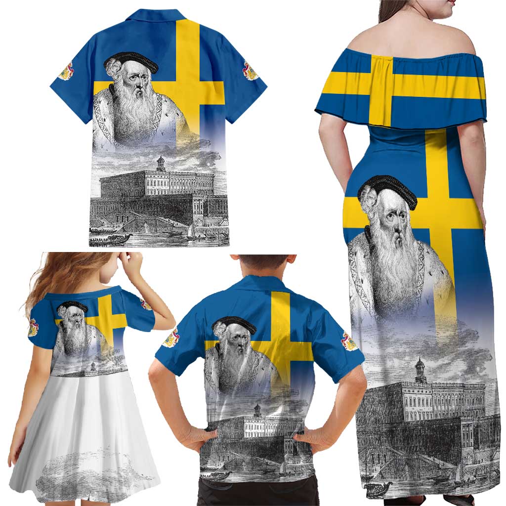 Sweden Sveriges Nationaldag Family Matching Off Shoulder Maxi Dress and Hawaiian Shirt King Gustav Vasa with Stockholm Slott