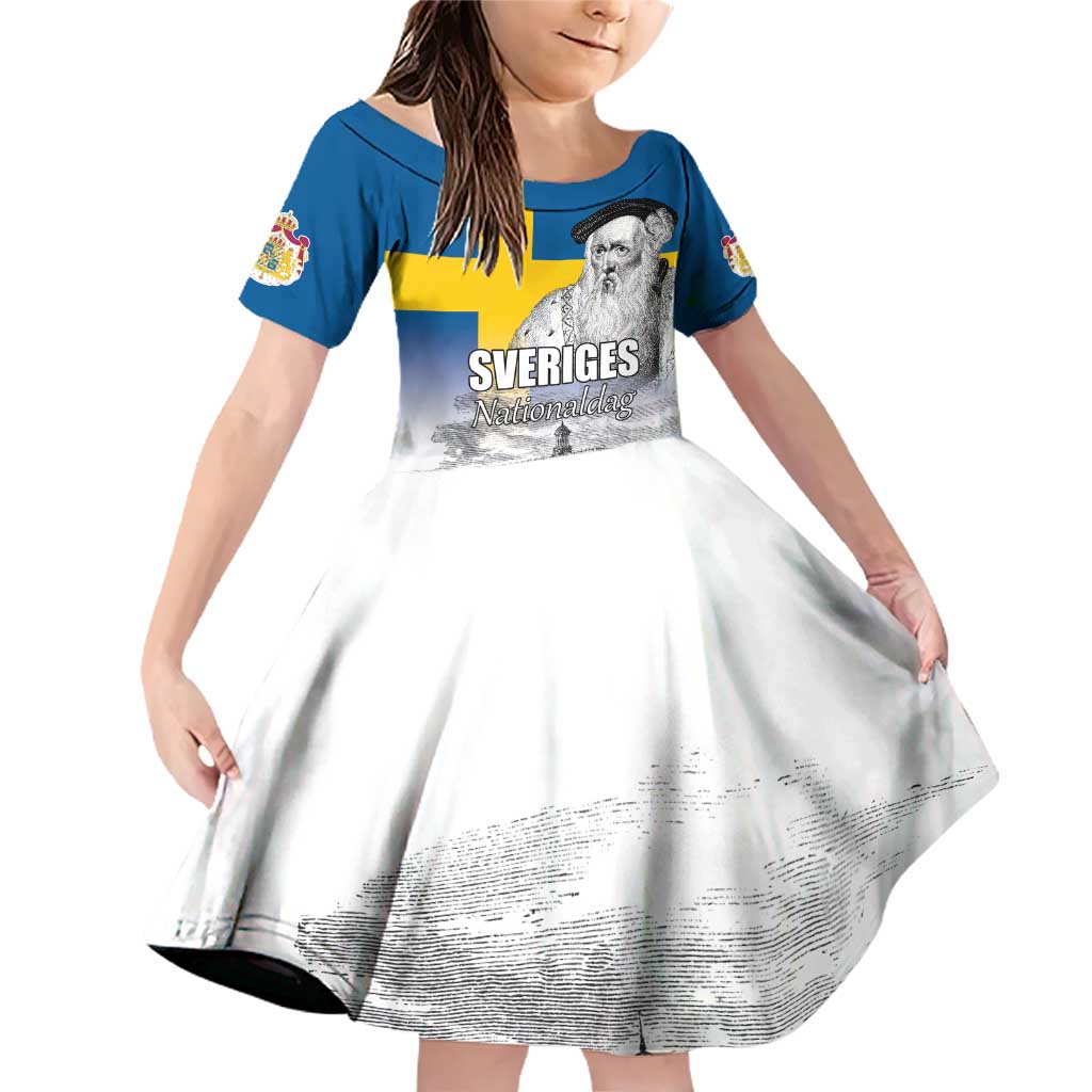 Sweden Sveriges Nationaldag Family Matching Off Shoulder Short Dress and Hawaiian Shirt King Gustav Vasa with Stockholm Slott