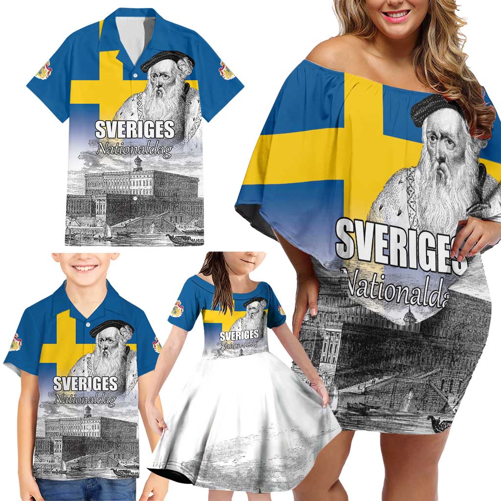 Sweden Sveriges Nationaldag Family Matching Off Shoulder Short Dress and Hawaiian Shirt King Gustav Vasa with Stockholm Slott