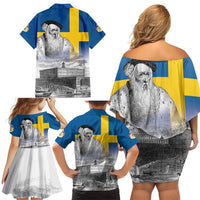 Sweden Sveriges Nationaldag Family Matching Off Shoulder Short Dress and Hawaiian Shirt King Gustav Vasa with Stockholm Slott
