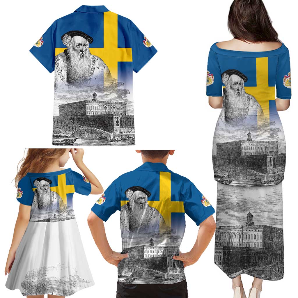 Sweden Sveriges Nationaldag Family Matching Puletasi and Hawaiian Shirt King Gustav Vasa with Stockholm Slott